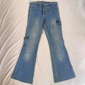 High waisted flare bootcut light wash faded jeans with cargo pocket details, 27"